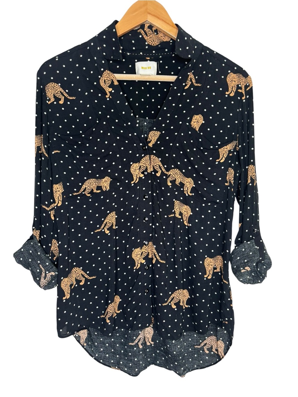 Maeve Anthropologie button down blouse black polka dot leopard two pocket 8 - Picture 2 of 8